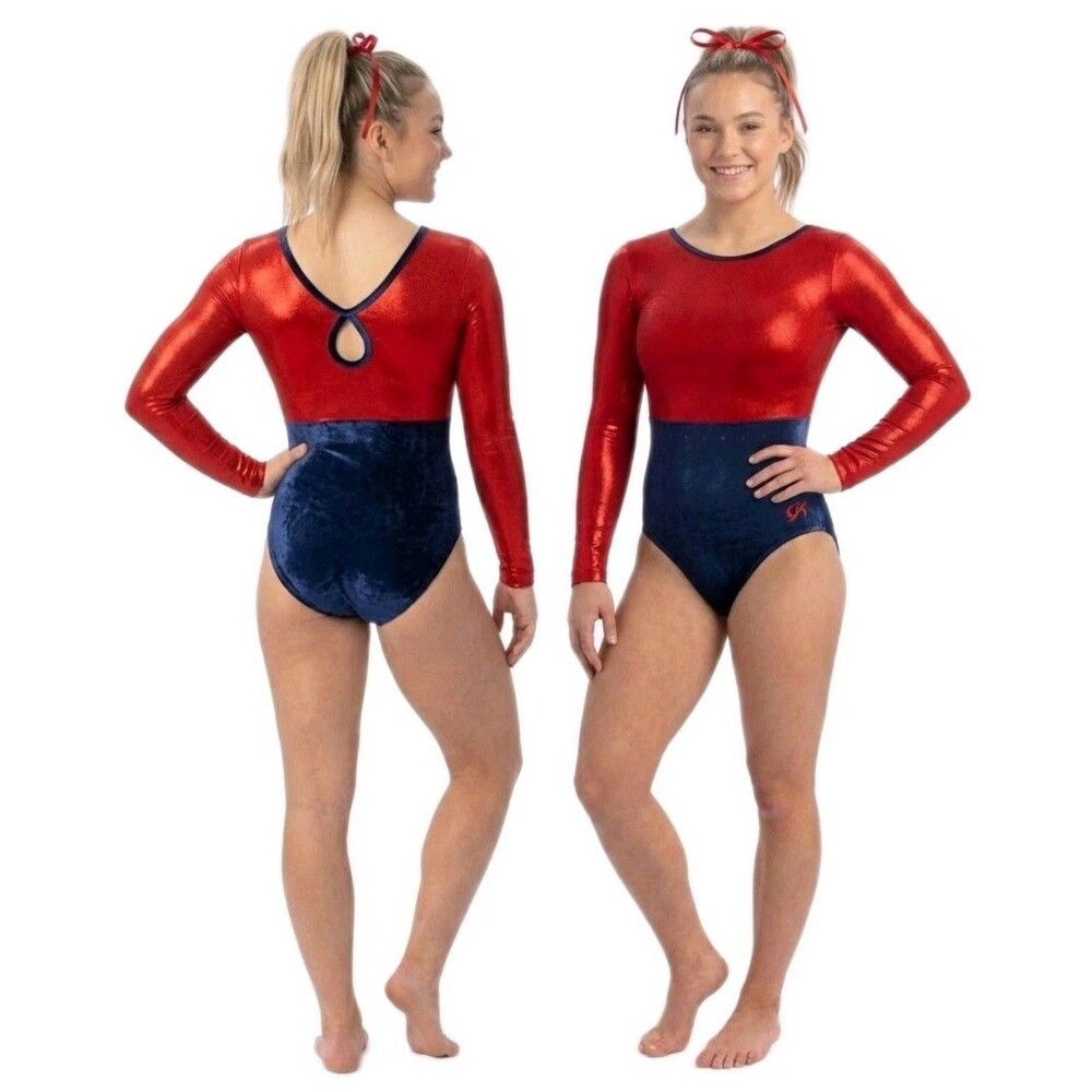 GK Elite VTG Red Mystique Bling LS Patriotic Keyhole Leotard Blue Velvet AXL